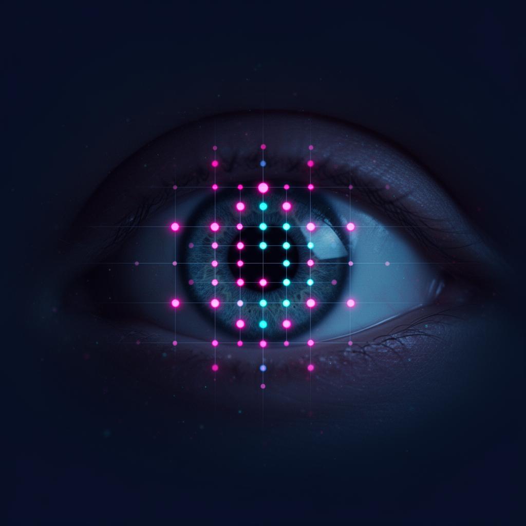 Abstract visualisation of a human eye with neural light pathways